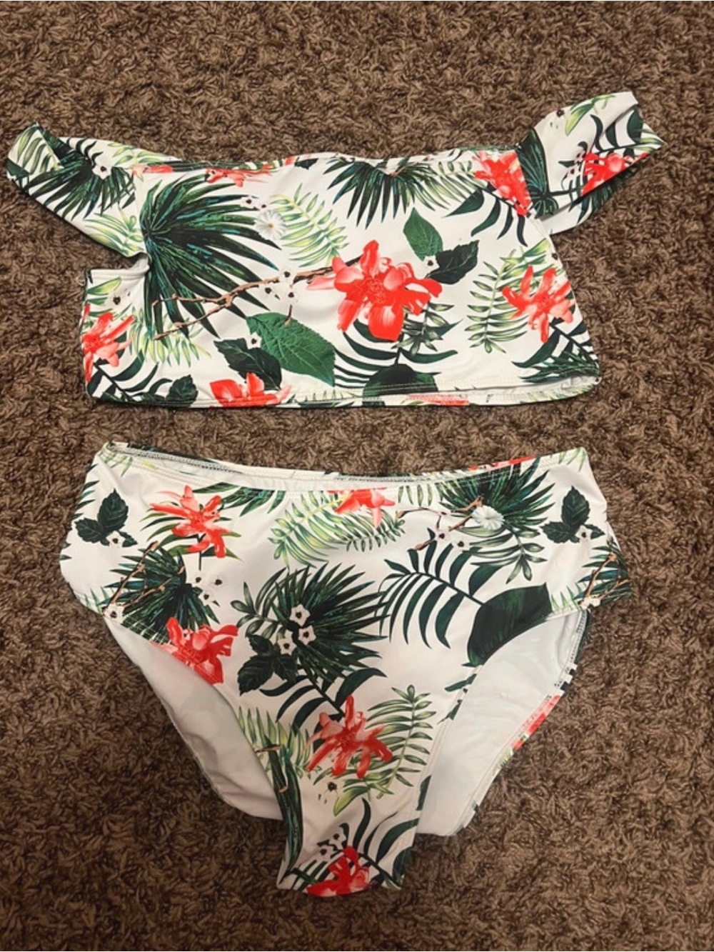 Tropical Floral Two-Piece Bikini Set - White with Green & Coral